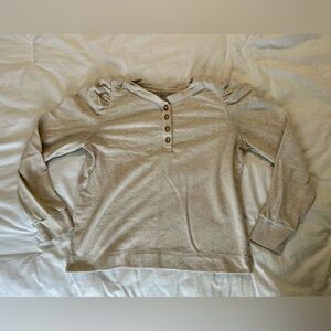 LOFT Oatmeal Henley Sweatshirt with Button Placket and Puff Shoulders
